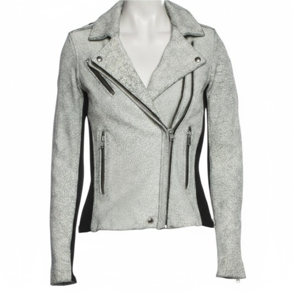 IRO Ilaria Ribbed Knit Paneled Cracked 100% Lamb Leather Moto Jacket Small NEW - Picture 2 of 12